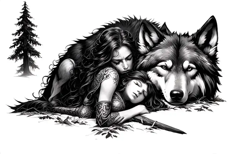 detailed fantasy forest scene with a beautiful warrior witch (no hat) that is sleeping against her giant Wolf companion tattoo design idea