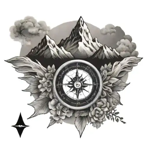 a compass card mer with mount everest on north star tattoo design idea