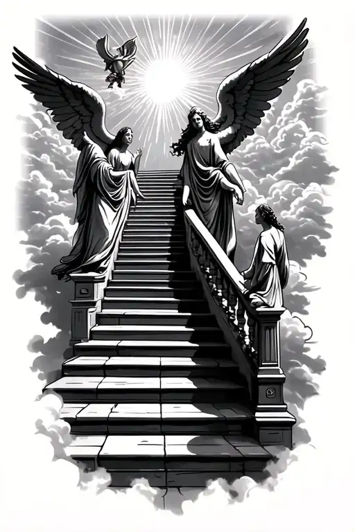 stairway to heaven walking up stairs angels sun rays clouds heaven gate at the top of the stairs  tattoo design idea