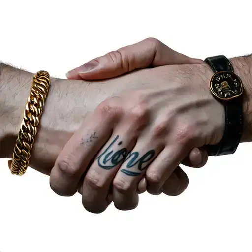 two male hands holding each other one hand has a gold bracelet and the other has the word love tattooed on the knuckles tattoo design idea