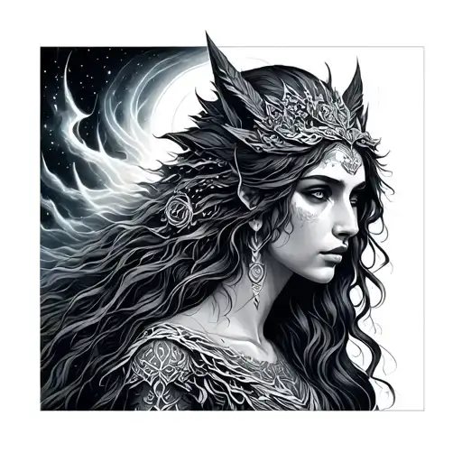 freya goddess northern lights tattoo design idea