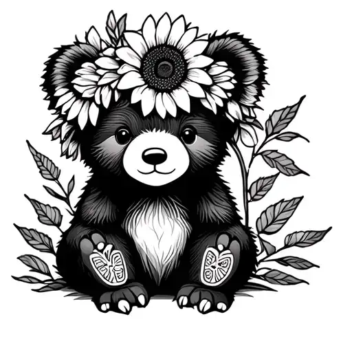 cute baby bear sitting with sunflowers and rose headband tattoo design idea