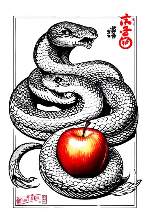 Create a tattoo sketch in traditional Japanese irezumi style, featuring a snake and an apple as the main elements. The s tattoo design idea