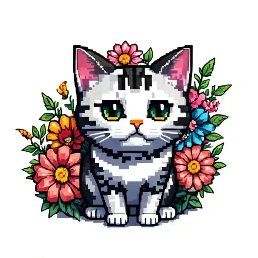 Minecraft cat curled around Minecraft flowers growing tattoo design idea