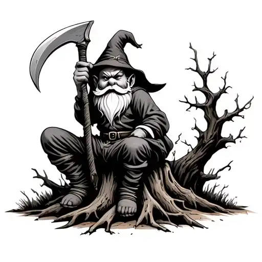 Evil Redcap Gnome Sitting on Rotting Tree Stump holding a hand Scythe as a weapon Back of hand tattoo fade for knuckles tattoo design idea