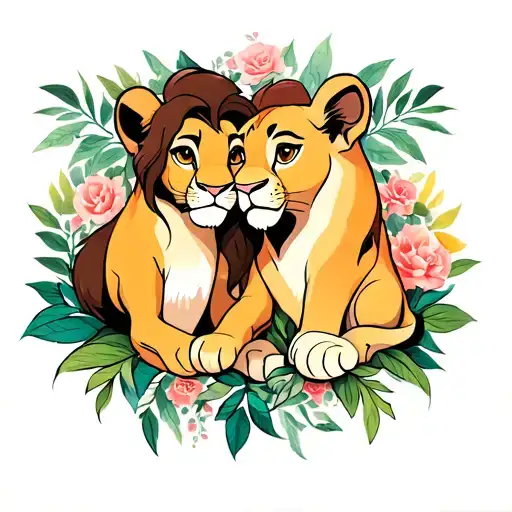 Simba and Nala cuddling tattoo design idea