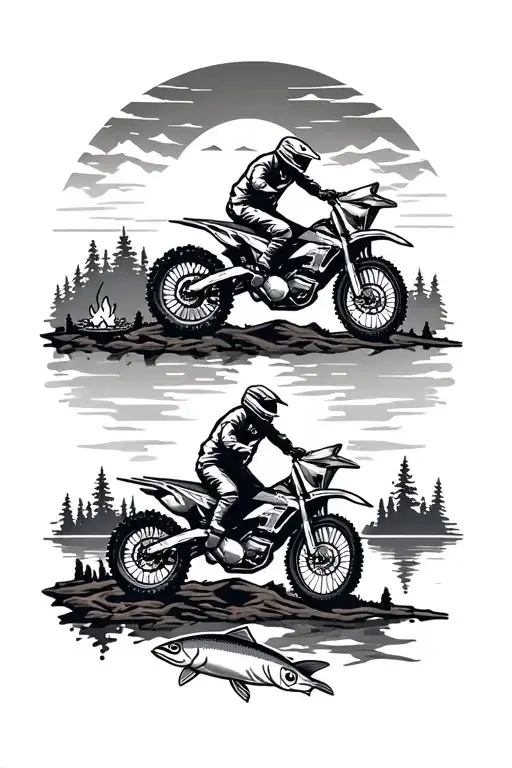dirtbikes riding on the mountains with a sunset on the lake with trout and a campfire  tattoo design idea