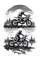 dirtbikes riding on the mountains with a sunset on the lake with trout and a campfire  tattoo design idea