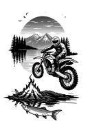 dirtbikes riding on the mountains with a sunset on the lake with trout and a campfire  tattoo design idea