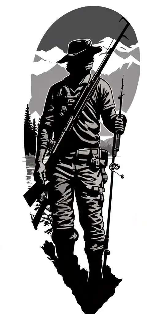 A black-grey tattoo of a hunter silhouette with a rifle and fishing pole crossed behind their back, set against a backdrop of a sunset over the mountains tattoo design idea