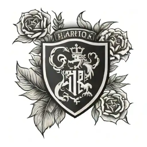 A tattoo design of a stylized family crest featuring symbols of gaming and anime to represent your shared interests. The crest should include four different birth month flowers to symbolize each family member's birth month. The University of Hartford logo can be included in the design to represent where your relationship began. tattoo design idea