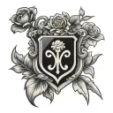 A tattoo design of a stylized family crest featuring symbols of gaming and anime to represent your shared interests. The crest should include four different birth month flowers to symbolize each family member's birth month. The University of Hartford logo can be included in the design to represent where your relationship began. tattoo design idea