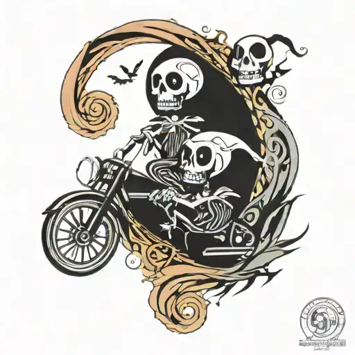 jack and sally flaming skull riding rollercoaster tattoo design idea