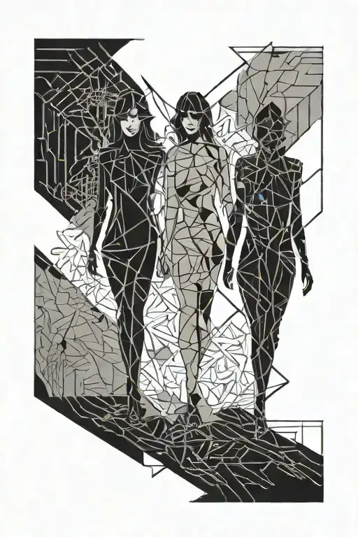 2 figures walking along a path hand in hand one a dark haired petite girl and the other a shadow demon tattoo design idea