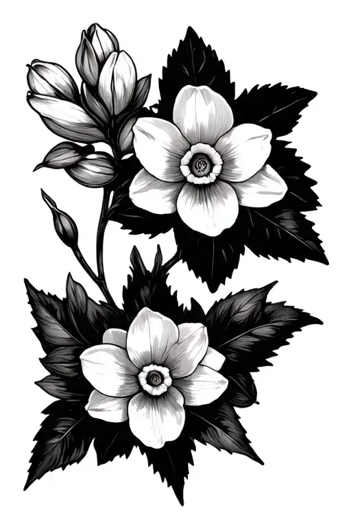 honeysuckle, narcissus, larkspur flowers blooming tattoo design idea