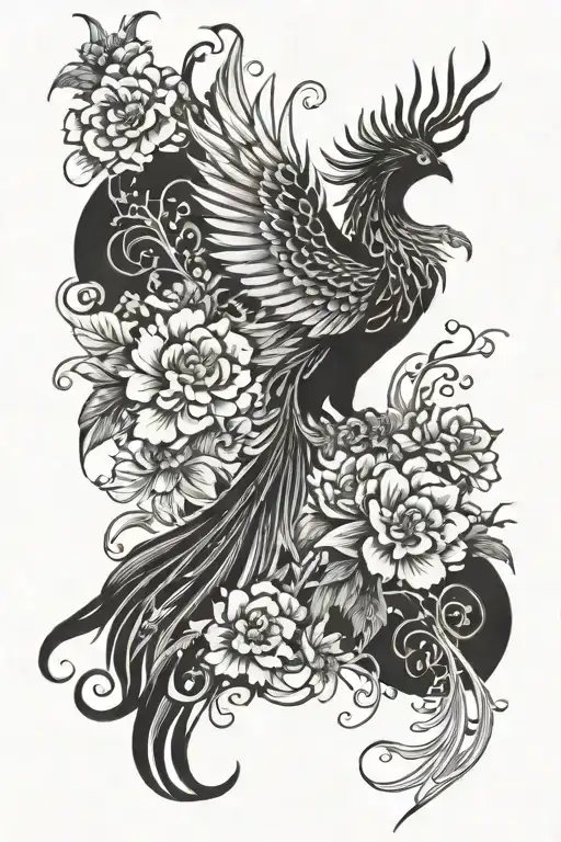 mythology mixed rising phoenix with japanese flowers tattoo design idea