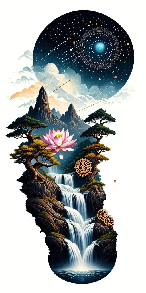 collage of space constellation, Buddhist mountain, trees, waterfall, lotus, mechanical gears of wood, decorative lines tattoo design idea