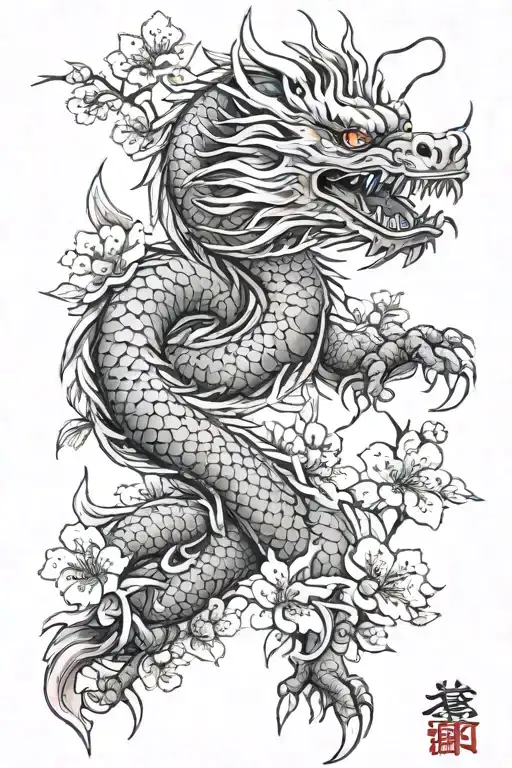 Japanese dragon on thigh with cherry blossoms tattoo design idea