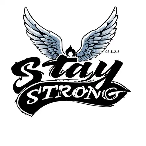 "Stay Strong" cursive 02.05.25 with wings in background  tattoo design idea