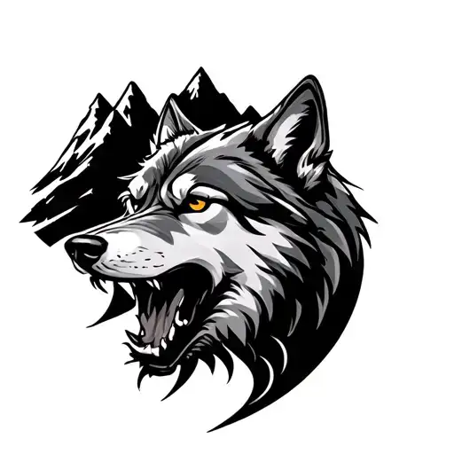 Growling Wolf And Mountains tattoo design idea