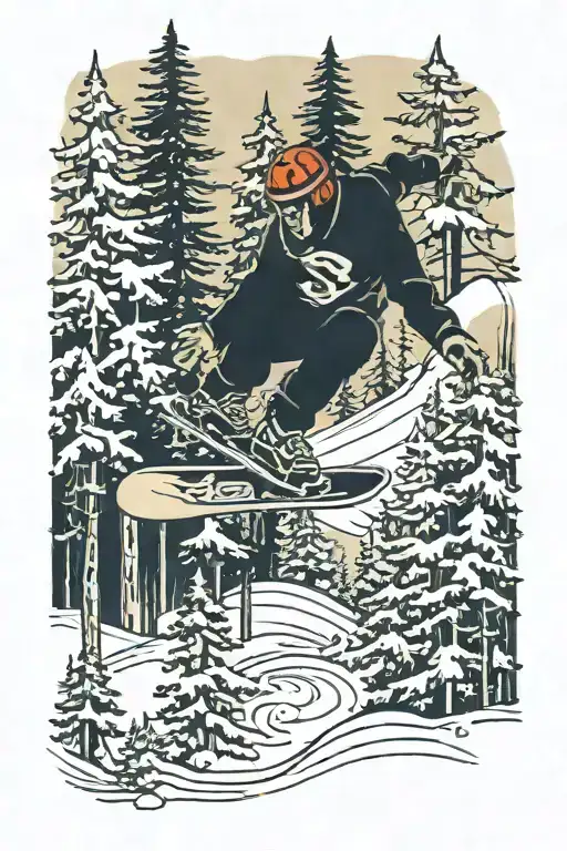 A snowboarder carving through a forest of pine trees, with a singer's silhouette in the background tattoo design idea