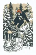 A snowboarder carving through a forest of pine trees, with a singer's silhouette in the background tattoo design idea