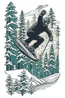 A snowboarder carving through a forest of pine trees, with a singer's silhouette in the background tattoo design idea