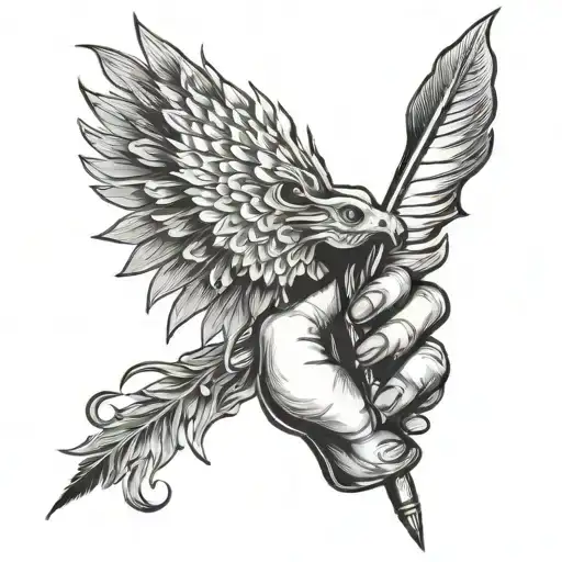 A writer's hand holding a quill pen, with intricate script flowing into a mythical creature representing the power of storytelling and imagination tattoo design idea