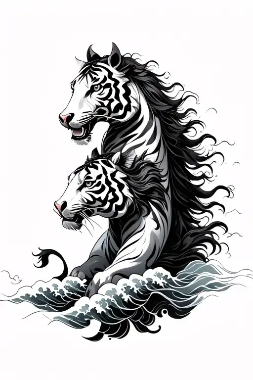 Chinese tiger and horse with Japanese waves flowing throughout  tattoo design idea