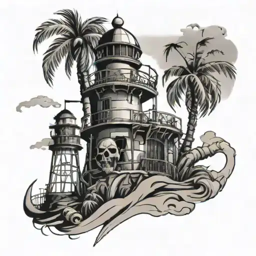 lighthouse with palm tree pirate skeleton in cage tattoo design idea
