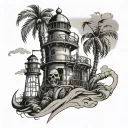 lighthouse with palm tree pirate skeleton in cage tattoo design idea