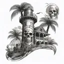 lighthouse with palm tree pirate skeleton in cage tattoo design idea