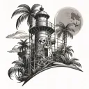 lighthouse with palm tree pirate skeleton in cage tattoo design idea