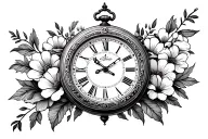 Watch with flowers and datasum old clock (symbol of time and memories) with the pointers pointing to time tattoo design idea