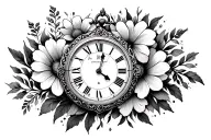 Watch with flowers and datasum old clock (symbol of time and memories) with the pointers pointing to time tattoo design idea