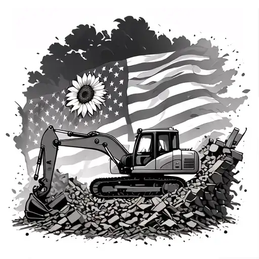 "Sunflowers and American flag" excavator coming out the rubble tattoo design idea