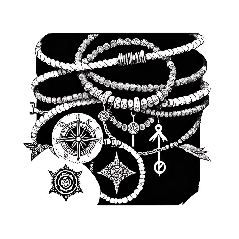 A tattoo incorporating bracelets and ancient symbols, reflecting the director's love for secret and ancient signs in a dotwork style tattoo design idea