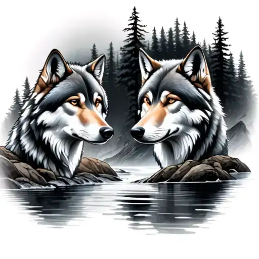 4 wolfs forest stream flowing tattoo design idea
