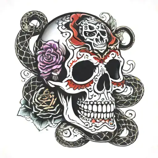 Mexican style skull with snakes tattoo design idea