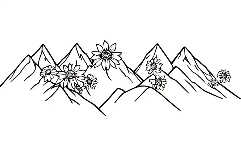 snow-crapped mountains, edelweiss flowers and mountain bike gear tattoo design idea