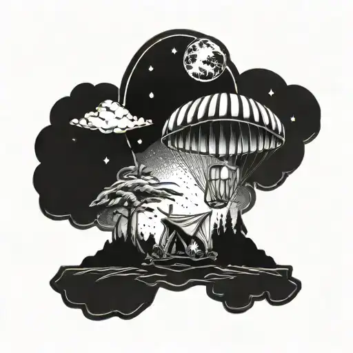 parachute, archeological site, camping and campfire under space tattoo design idea