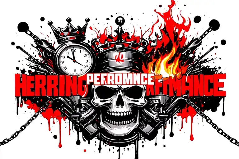 "HERRING PERFORMANCE" SKULL, CROWN, SMOKE CLOCK, PISTON, FIRE, BULLET HOLE, CHAIN tattoo design idea
