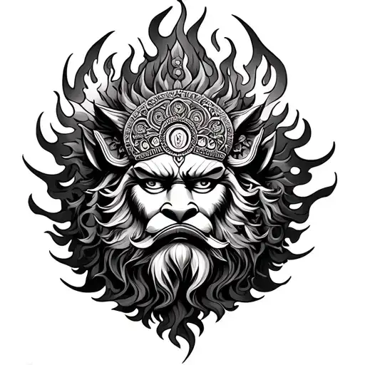 Spiritual art style (with mandala, flames, veal + Nandi + Narasimha) tattoo design idea