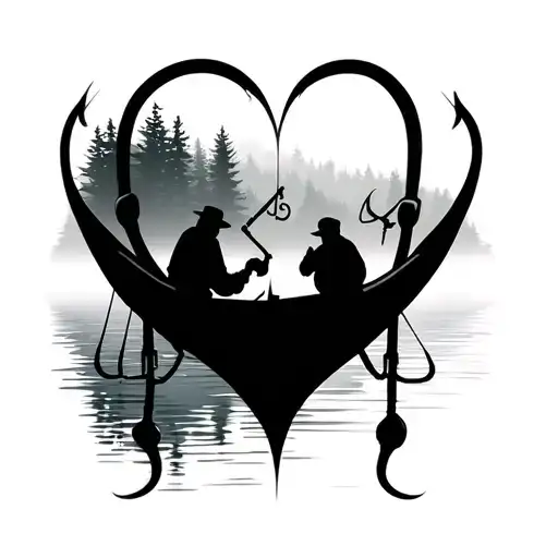 two fishing hooks form heart shape with forest in background silhouette guys on fishing boat tattoo design idea
