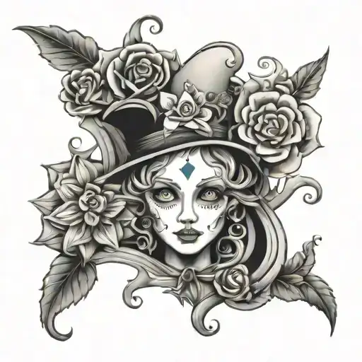 garden of flowers with faces similar    to Tim Burton's Alice in wonderland  tattoo design idea