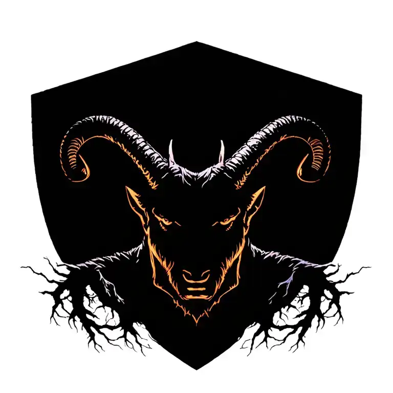 Gay male horned satyr with massive bodybuilder muscles. Background of natural tree roots, vines and patterns tattoo design idea