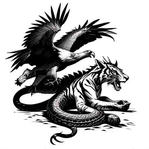 eagle attacking a cobra, cobra is facing down to attack a tiger a dragon is attacking them too tattoo design idea