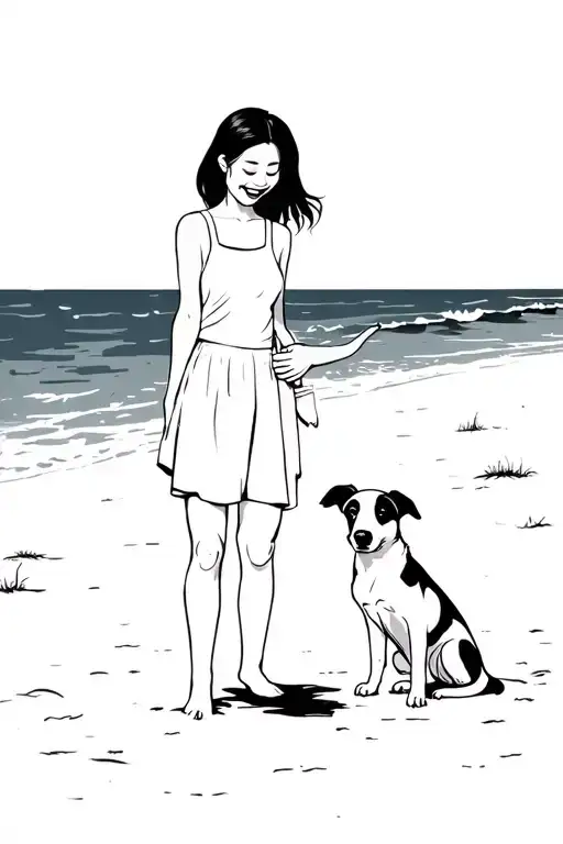 cute asian woman holding dog playing and laughing at the beach tattoo design idea
