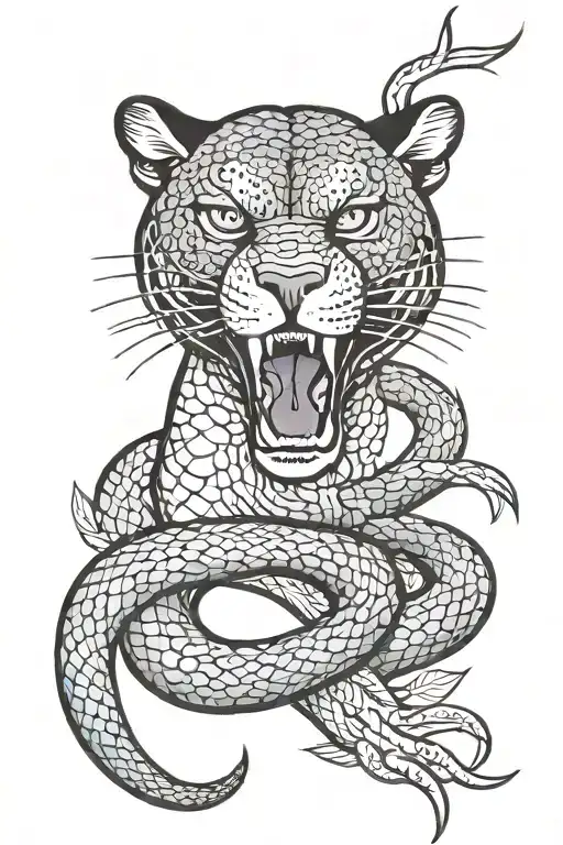I want old school style snake wrapping around a panther tattoo with full body of panther and bird's eye view tattoo design idea