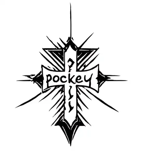 Cool christain cross with the word pockey written in it tattoo design idea
